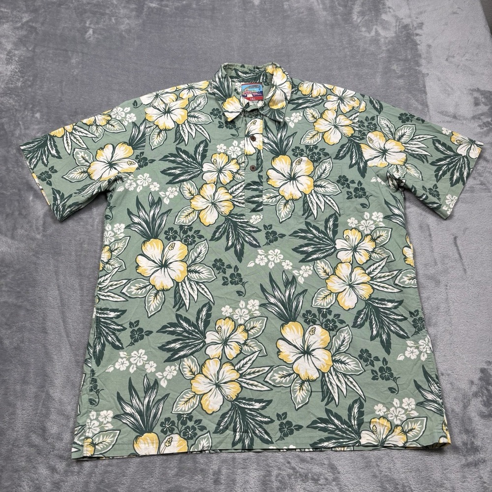 Joe Kealuha Reyn Spooner Green Floral Pullover Shirt Men's Large Tall Hawaiian